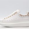 White calf leather lace-up sneaker with gold-finished hammered stud
