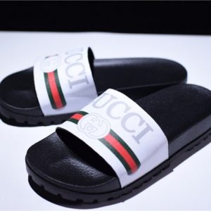 GUCCI Leather SLIDE SANDAL black WITH GG LOGO mens